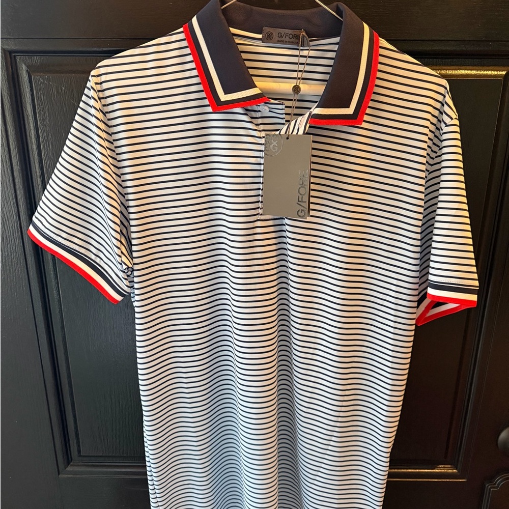 G/FORE Navy and White Striped Polo with Red Trim